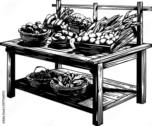 A rustic wooden table displays an array of fresh organic vegetables in bold black ink against a solid white background, exuding a monochrome graphic style with clear boundaries and flat 2D art