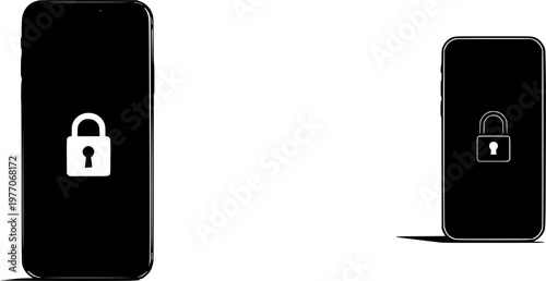 A sleek modern smartphone displays a large padlock icon in stark black against a pure white background, emphasizing security features with crisp high-contrast edges
