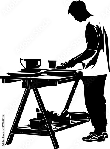 A solitary craftsman meticulously shapes a bold, solid black, perfectly contoured piece at his workbench, with a minimalist white background emphasizing the simplicity of his task