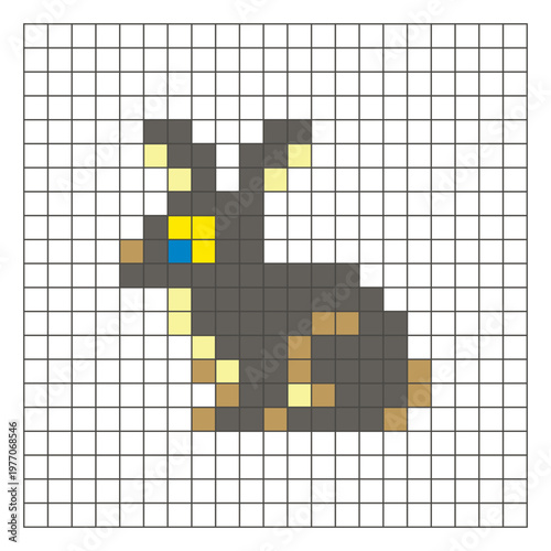 A flat pixel design made of geometric square color blocks on a clean grid layout. Pixel art rabbit
