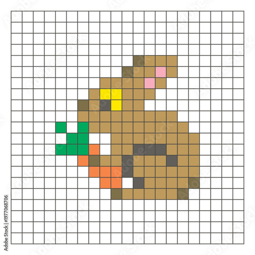 A flat pixel design made of geometric square color blocks on a clean grid layout. Pixel art rabbit