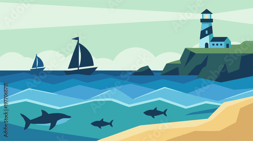 Coastal landscape with lighthouse, sailboats, and marine life in flat design
