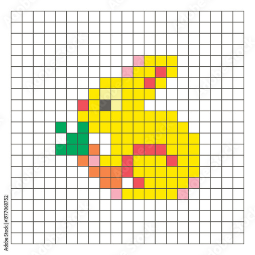 A flat pixel design made of geometric square color blocks on a clean grid layout. Pixel art rabbit