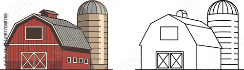 Farm house illustration & outline set isolated on transparent background