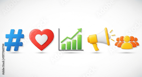 Social media marketing icons including hashtag heart graph megaphone and people.