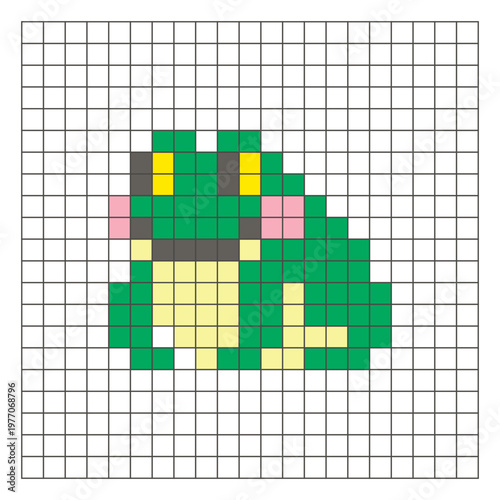 A flat pixel design made of geometric square color blocks on a clean grid layout. Pixel art frog