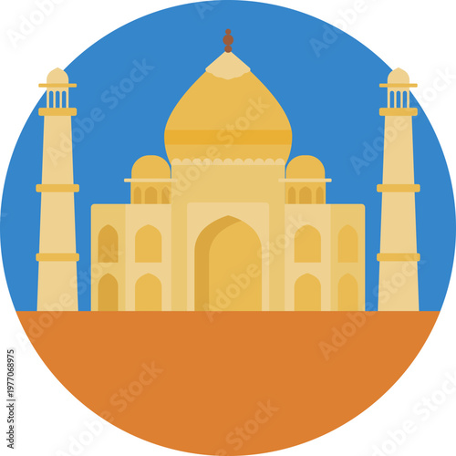 A clean line icon depicting the symmetrical structure of the Taj Mahal, with a central dome, arched doorway, and two visible minarets on either side.