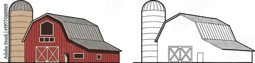 Farm house illustration & outline set isolated on transparent background