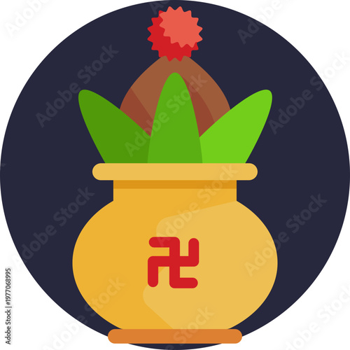 A traditional ceremonial pot filled with water, topped with mango leaves and a coconut, symbolizing prosperity and purity in Indian culture.