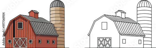 Farm house illustration & outline set isolated on transparent background