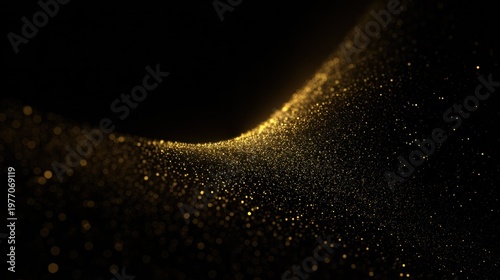 Brilliant golden particles flow dynamically across a dark, abstract background surface