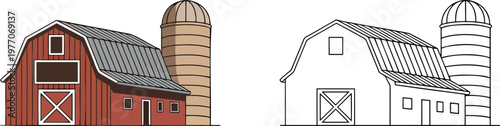 Farm house illustration & outline set isolated on transparent background