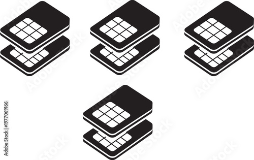 Black Dual SIM Card Isometric Icon Set with Stacked Microchips for Mobile Connectivity, Telecommunications Technology, and Global Phone Network Roaming