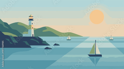 Minimalist flat design illustration of a coastal landscape with lighthouse and sailboats at sunrise