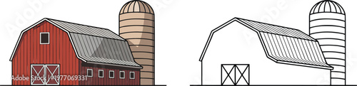 Farm house illustration & outline set isolated on transparent background