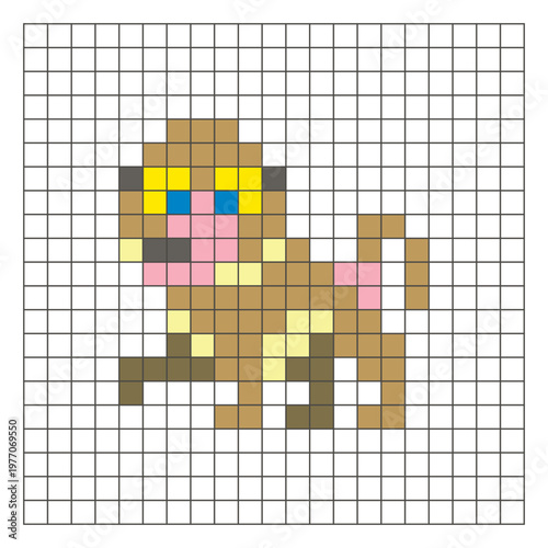 A flat pixel design made of geometric square color blocks on a clean grid layout. Pixel art baboon