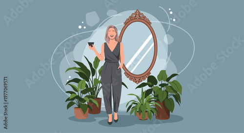 Elegant woman in a grey jumpsuit holding a cup of coffee while standing among several potted indoor plants next to a large ornate mirror.