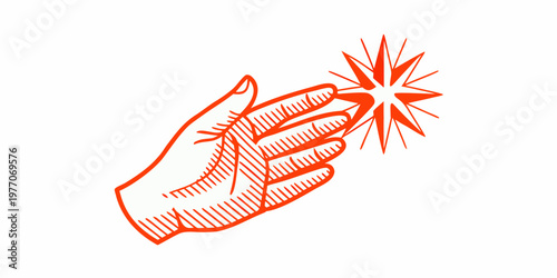 A hand reaching towards a burst of radiating energy or light