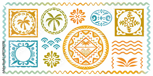Colorful tropical postage stamps with palm trees and ornate designs