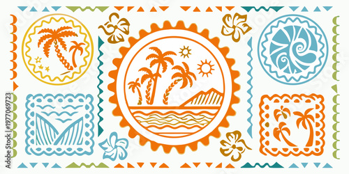 Tropical themed decorative elements with palm trees waves and geometric shapes