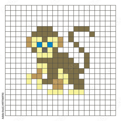 A flat pixel design made of geometric square color blocks on a clean grid layout. Pixel art monkey