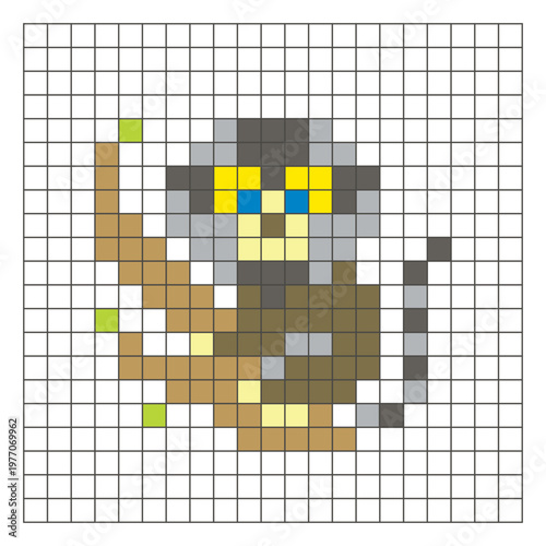 A flat pixel design made of geometric square color blocks on a clean grid layout. Pixel art marmoset monkey