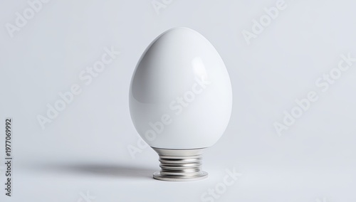A minimalist, bright white egg-shaped bulb sits on a metallic base