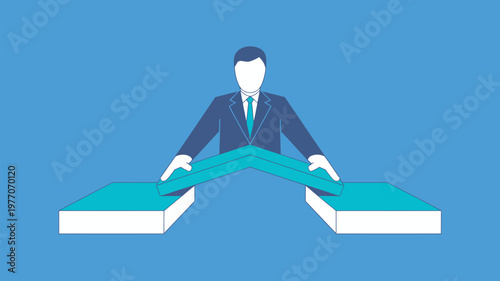 A businessman in a suit is standing between two diverging paths, symbolizing a difficult decision or career choice.