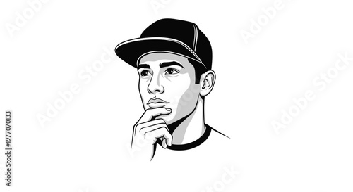 Black and white portrait illustration of a young man wearing a baseball cap with his hand on his chin in a thoughtful or pensive pose.