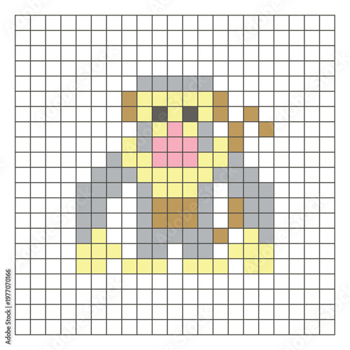 A flat pixel design made of geometric square color blocks on a clean grid layout. Pixel art proboscis monkey