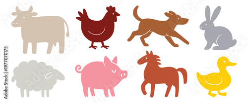 Colorful farm animal silhouettes, vector element set