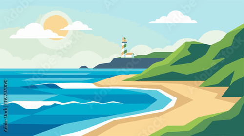Sunny day at the beach with a lighthouse on a cliff, flat design illustration