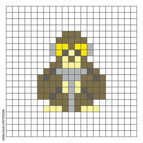 A flat pixel design made of geometric square color blocks on a clean grid layout. Pixel art gibbon