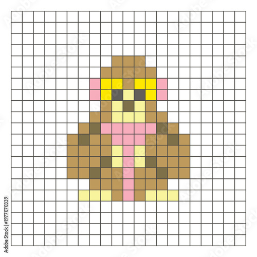 A flat pixel design made of geometric square color blocks on a clean grid layout. Pixel art gibbon