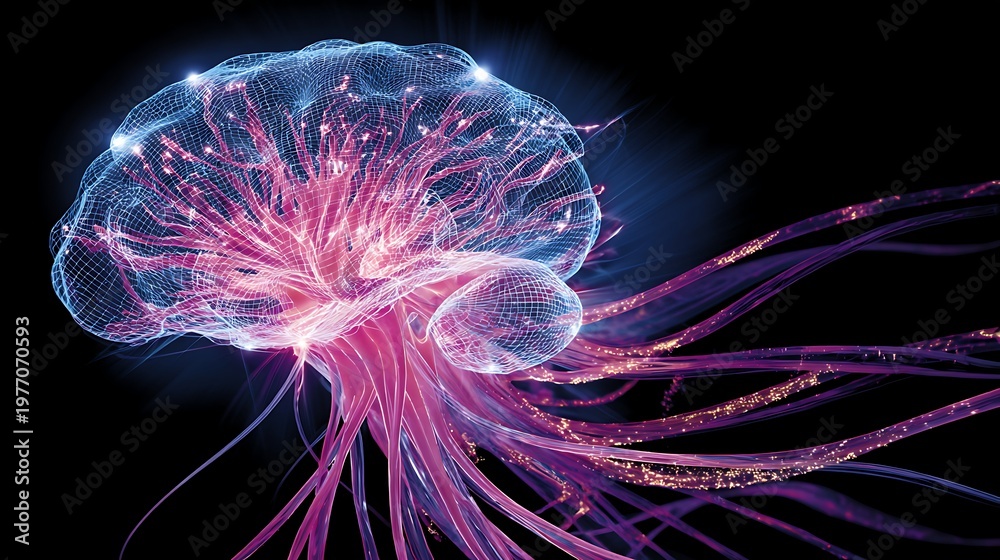 Fototapeta premium Vibrant digital illustration of a jellyfish with pink and blue neon lights on black background