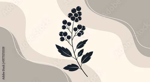 Stylized silhouette of a botanical branch with berries set against an abstract background of soft flowing beige and grey shapes.