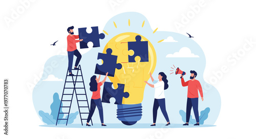 Illustration of a diverse team of people working together to assemble a giant lightbulb puzzle symbolizing creative thinking and collaboration.
