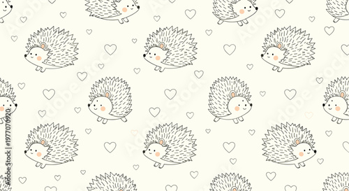 Seamless vector pattern featuring cute little hedgehogs and small floating hearts in a hand drawn whimsical style for baby textiles and fabrics.