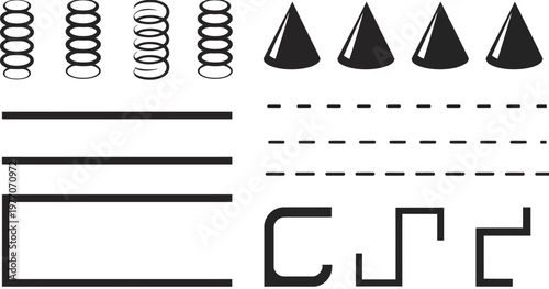 Metal Coil Spring Icons With Horizontal Line Dividers, Plus Cone Shapes, And Bracket Punctuation