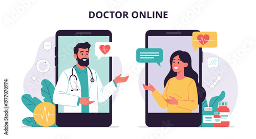 Telemedicine concept showing a doctor and patient consulting through smartphone screens with various medical icons and colorful speech bubbles.