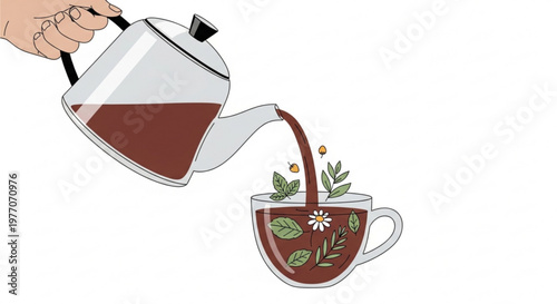 Herbal tea pouring from a teapot into a cup with fresh leaves and flowers concept of natural beverage and wellness isolated on white
