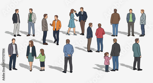 Diverse group of people in casual clothing standing and interacting on a white background