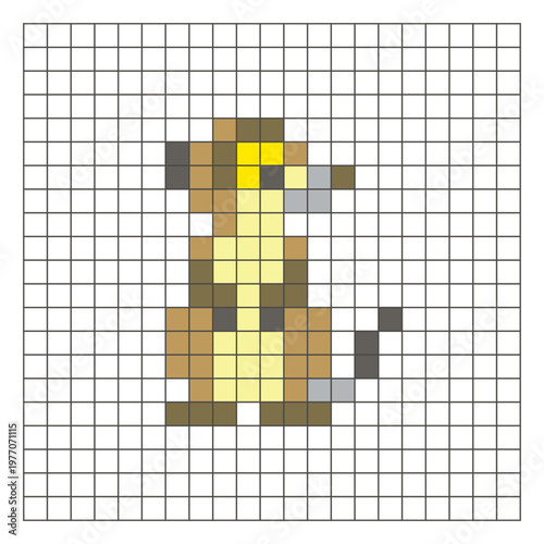 A flat pixel design made of geometric square color blocks on a clean grid layout. Pixel art meerkat