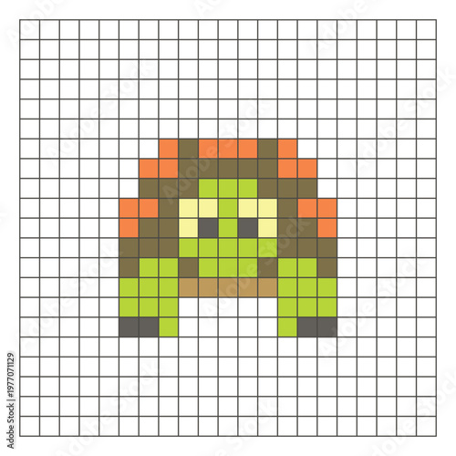 A flat pixel design made of geometric square color blocks on a clean grid layout. Pixel art tortoise