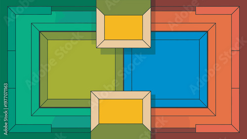 A vibrant abstract geometric artwork featuring colorful squares and rectangles in a layered composition