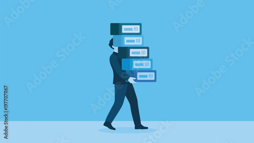 A stressed businessman carrying a heavy load of computer monitors in a simple blue background