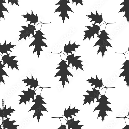 Black Oak Leaves Silhouettes Seamless Pattern, Hand Drawn Minimalist Foliage Background in Monochrome for Modern Textile Design, Stationery, and Elegant Branding. Vector illustration