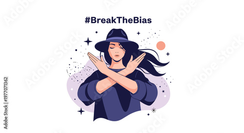 Empowered woman with crossed arms standing against a starry background with the hashtag break the bias for international women's day campaign.