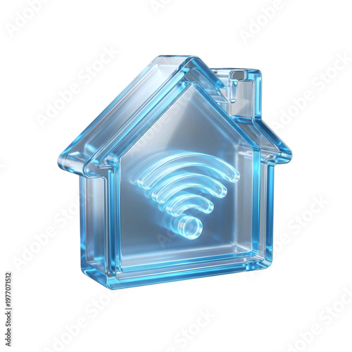 A 3D glass house with a glowing blue Wi-Fi symbol inside on a black background