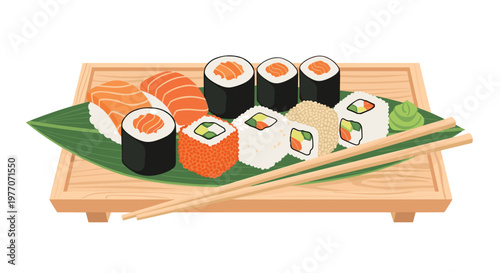 Assorted delicious Japanese sushi and rolls featuring salmon, wasabi, and ginger served on a green leaf atop a wooden tray with wooden chopsticks.